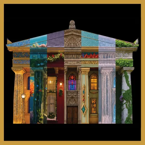 Illustration of a Classical Revival architectural style building meant to resemble the Carnegie Library building. Artwork of different buildings and scenes are projected onto panels on the facade of the building to simulate a video projection show.