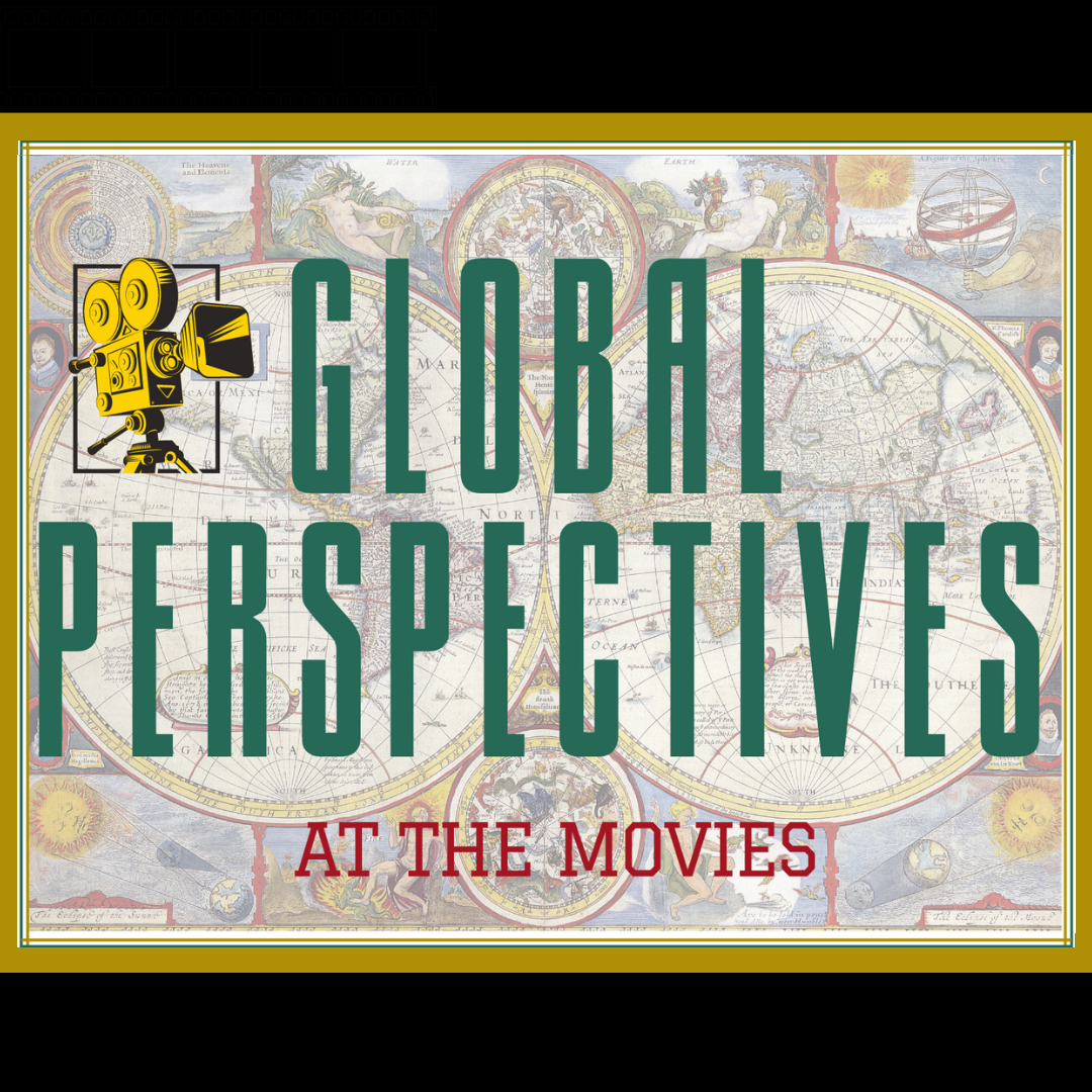 Global Perspectives at the Movies logo with illustration of vintage film camera on antique map background